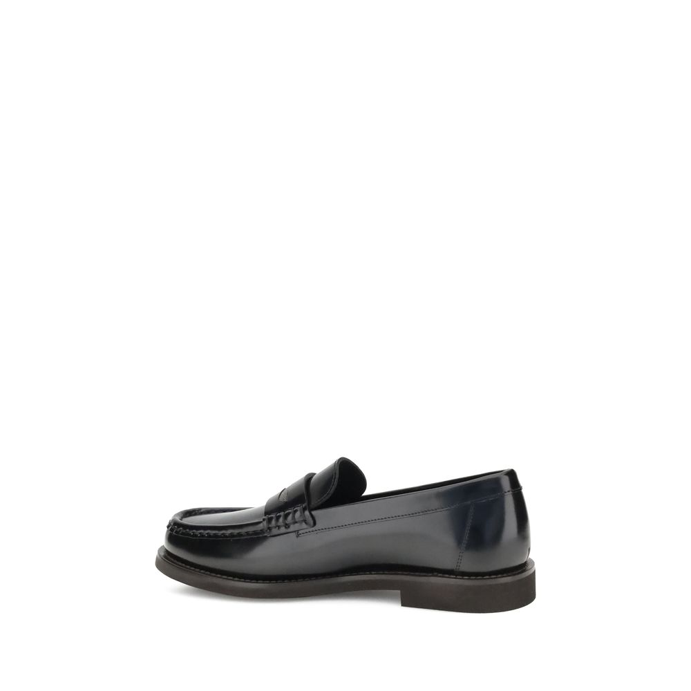 Brunello Cucinelli Black Calf Leather Bos Taurus Slip-On Loafers