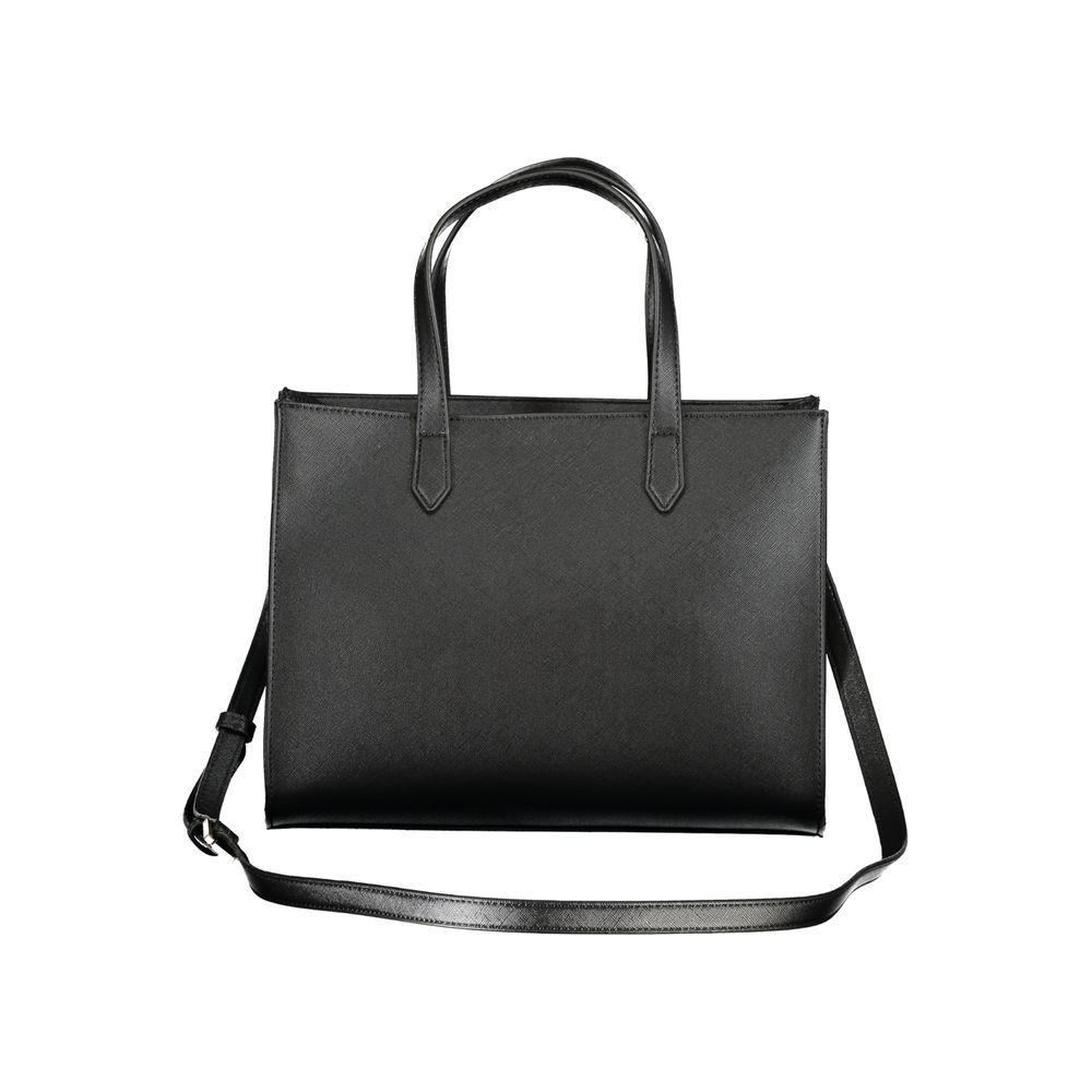Mario Valentino Black Polyethylene Handbag with handles and adjustable strap, featuring internal pockets, contrasting details, and zip closure.