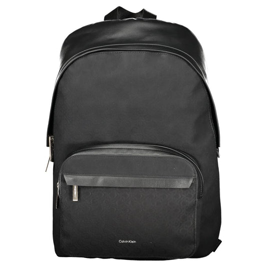 Calvin Klein Black Polyester Men Backpack with front pocket and logo detail, ideal for modern tech-savvy urbanites.