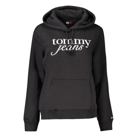 Tommy Hilfiger Black Cotton Women Sweater with hood and pocket displaying the brand logo for style and comfort.