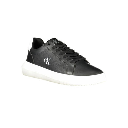 Calvin Klein Black Leather Men Sneaker with white soles and logo, modern design, perfect for casual and stylish outings.