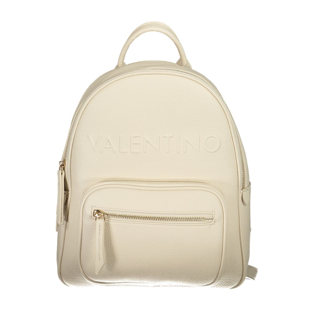 Mario Valentino Beige Polyethylene Backpack with handle, adjustable straps, external pocket, dual compartments, and zip closure.