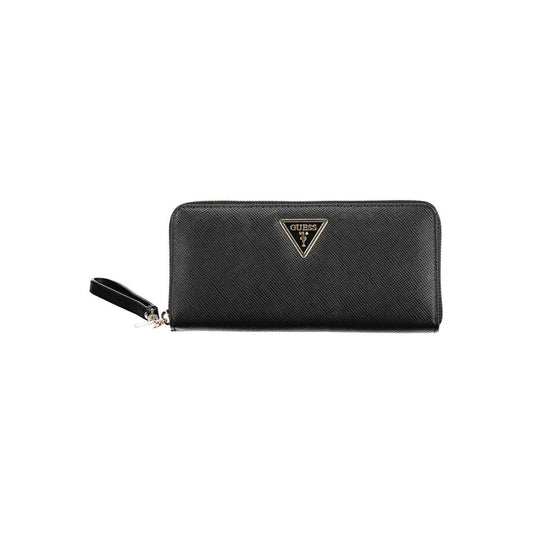 Guess Jeans Black Polyethylene Women Wallet with zip closure and compartments for cards and coins, featuring a stylish design and logo.