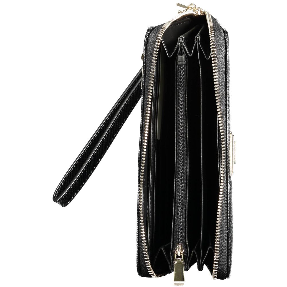 Guess Jeans Black Polyethylene Women Wallet with multiple compartments and zip closure, featuring spacious interiors for organization.