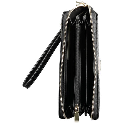 Guess Jeans Black Polyethylene Women Wallet with multiple compartments and zip closure, featuring spacious interiors for organization.