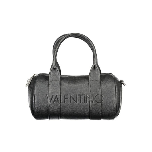 Alt Tag: Mario Valentino Black Polyethylene Handbag with logo, zip closure, adjustable straps, and two internal pockets.