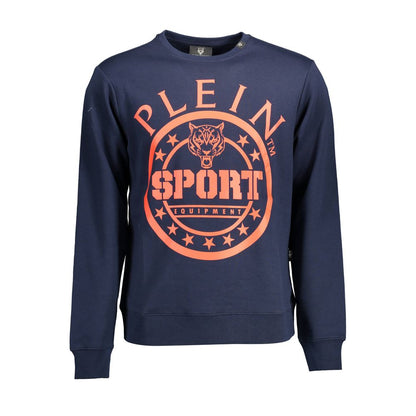 Plein Sport Blue Cotton Men Sweater with graphic print, long sleeves, and Plein logo, crafted for comfort and athletic style.