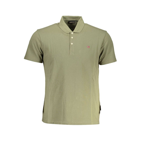 Napapijri Green Cotton Men Polo Shirt with three-button placket and embroidery, perfect for casual wear.