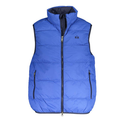 La Martina Blue Polyamide Men Jacket with sleeveless design and La Martina logo, featuring functional external and internal pockets.