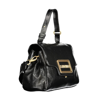 Mario Valentino Black Polyethylene Women Handbag with adjustable handle and detachable strap, featuring dual compartments and secure closure.