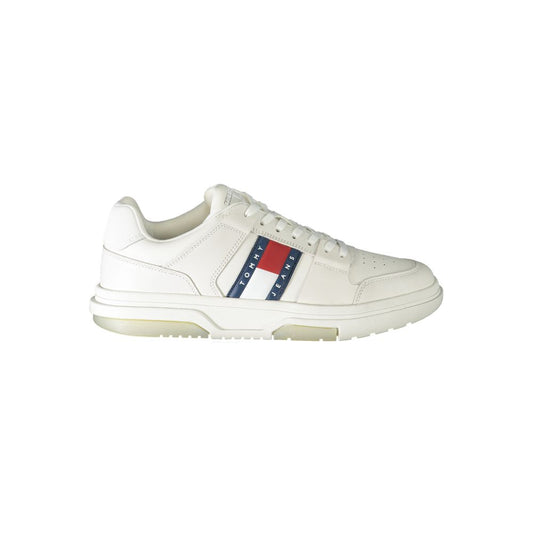 Tommy Hilfiger White Leather Men Sneaker with signature logo and sporty-chic design.