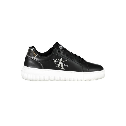 Calvin Klein Black Polyester Women Sneaker with logo and white sole, crafted from recycled materials for style-conscious trendsetters.