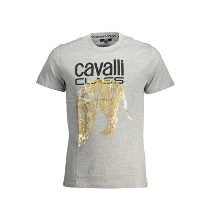Cavalli Class Brown Cotton Men T-Shirt with bold print and logo, short-sleeved crew neck, ideal for modern style and comfort.