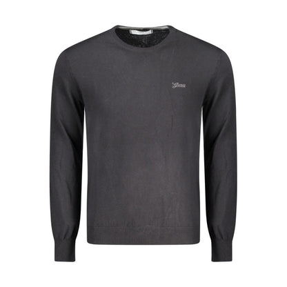 Guess Jeans Black Cotton Men Sweater, long-sleeved crew neck with logo embroidery, crafted from cotton, polyamide, and silk blend.