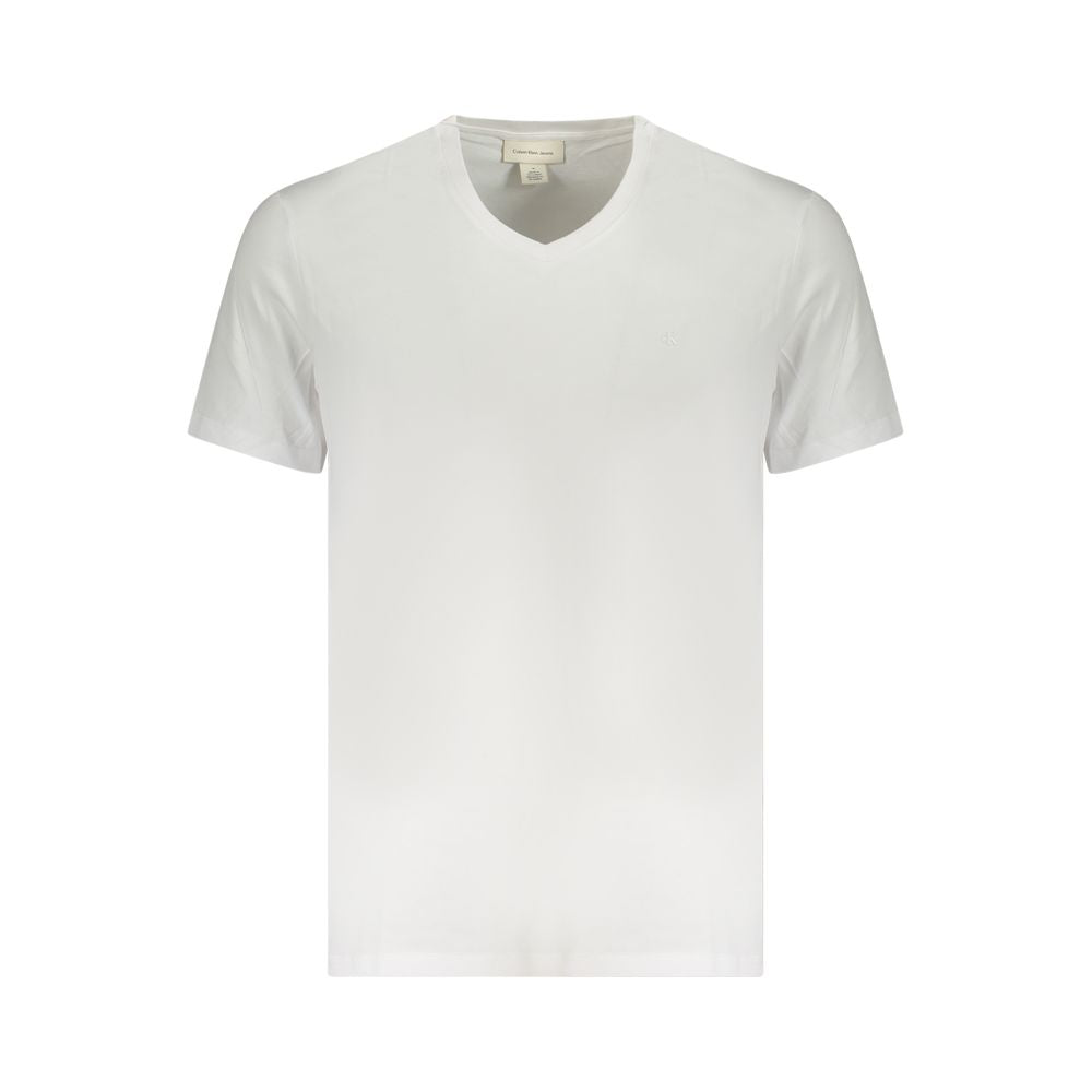 Calvin Klein White Cotton Men T-Shirt, pure breathable cotton with iconic logo, V-neck design, ideal for stylish everyday wear.