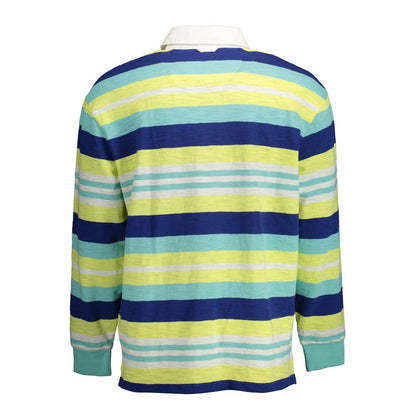 Colorful striped long sleeve polo shirt with green, blue, and yellow stripes.