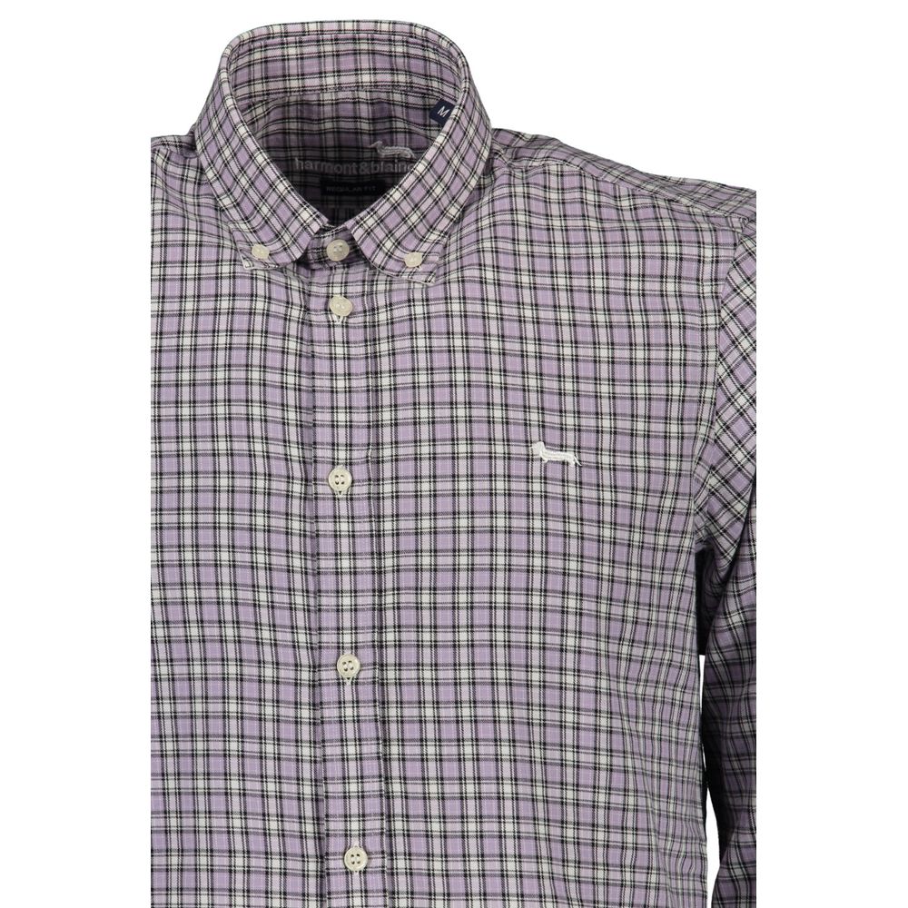 Harmont & Blaine Purple Cotton Men Shirt with button-down collar and contrast cuff, showcasing elegant plaid design and long sleeves.