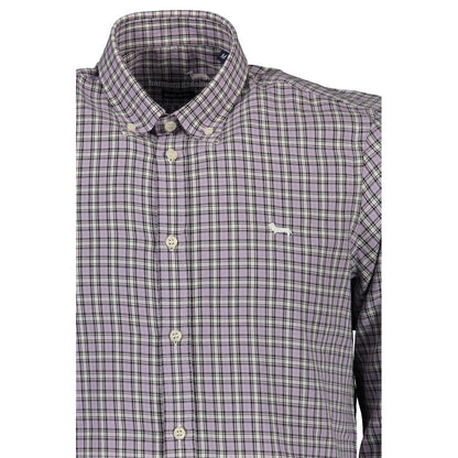 Harmont & Blaine Purple Cotton Men Shirt with button-down collar and contrast cuff, showcasing elegant plaid design and long sleeves.