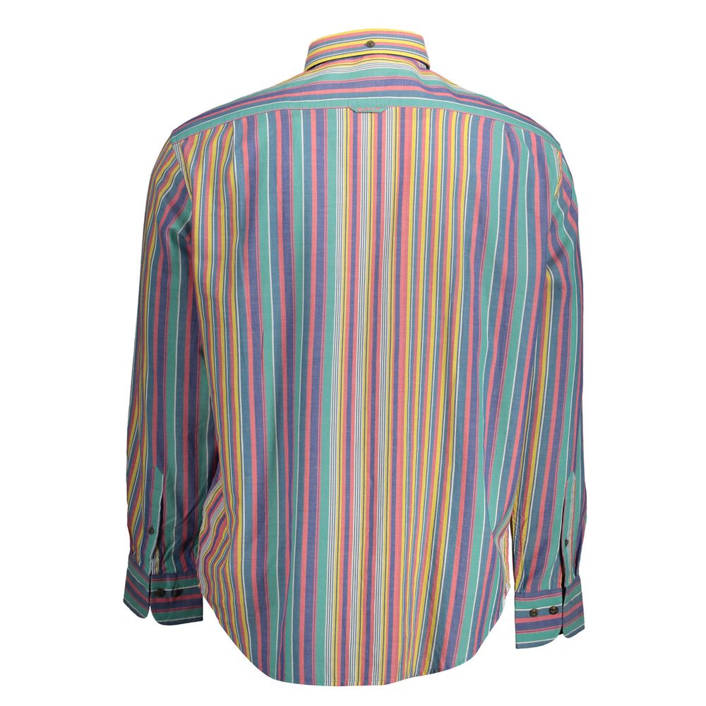 Back view of a striped long-sleeved shirt with button cuffs and collar.