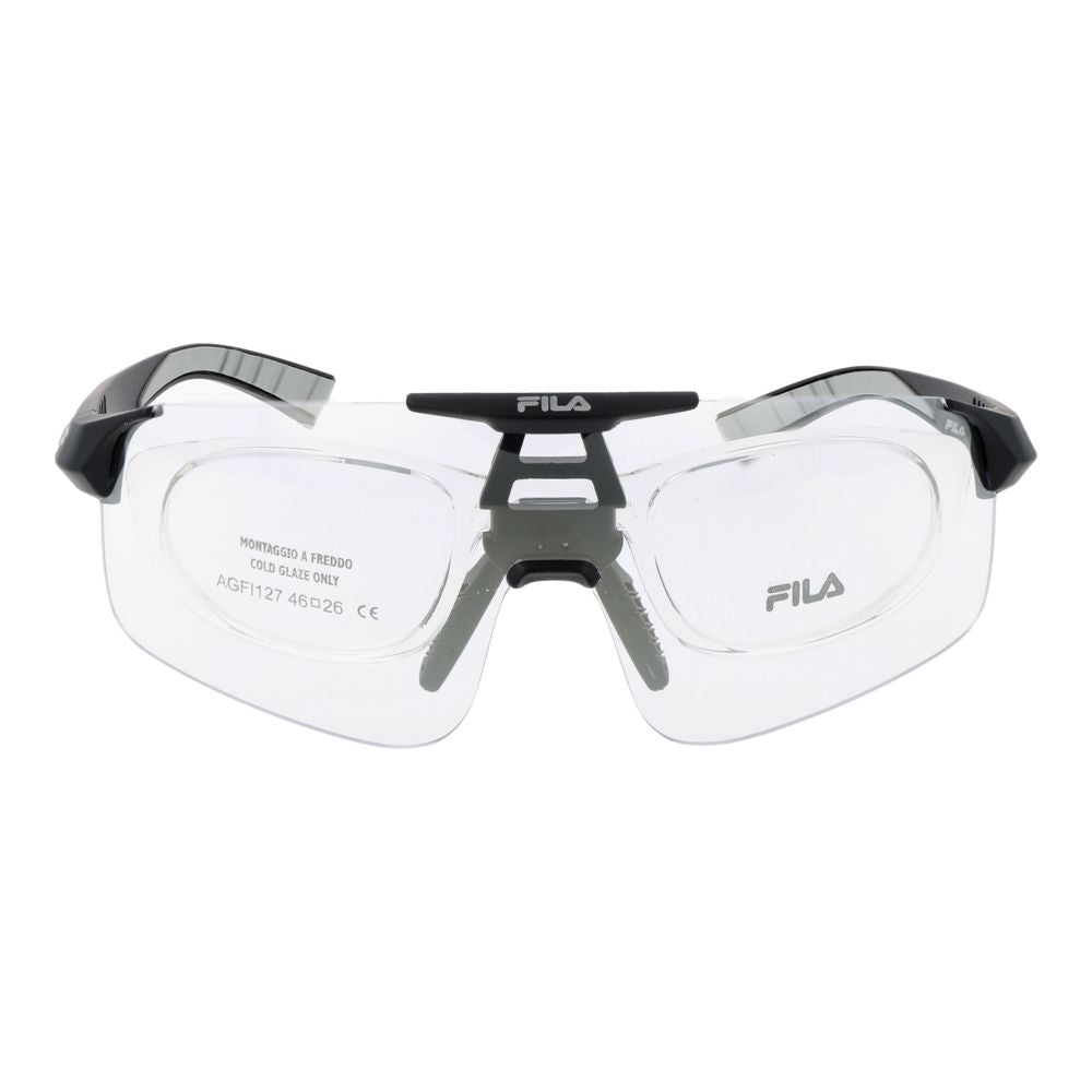 Fila Black Men Sunglass with nylon full-rim black frame and grey plastic lenses, offering 100% UVA & UVB protection.