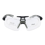 Fila Black Men Sunglass with nylon full-rim black frame and grey plastic lenses, offering 100% UVA & UVB protection.