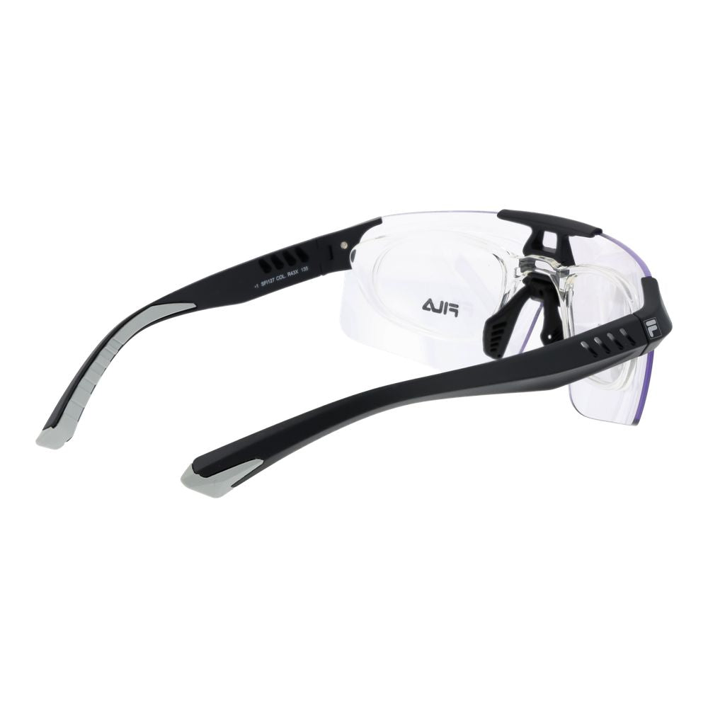 Fila Black Men Sunglass with black full-rim nylon frame and grey plastic lenses, providing 100% UVA & UVB protection, includes branded case.
