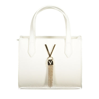 Mario Valentino White Polyethylene Women Handbag with gold accents and elegant design, featuring twin handles and adjustable strap.