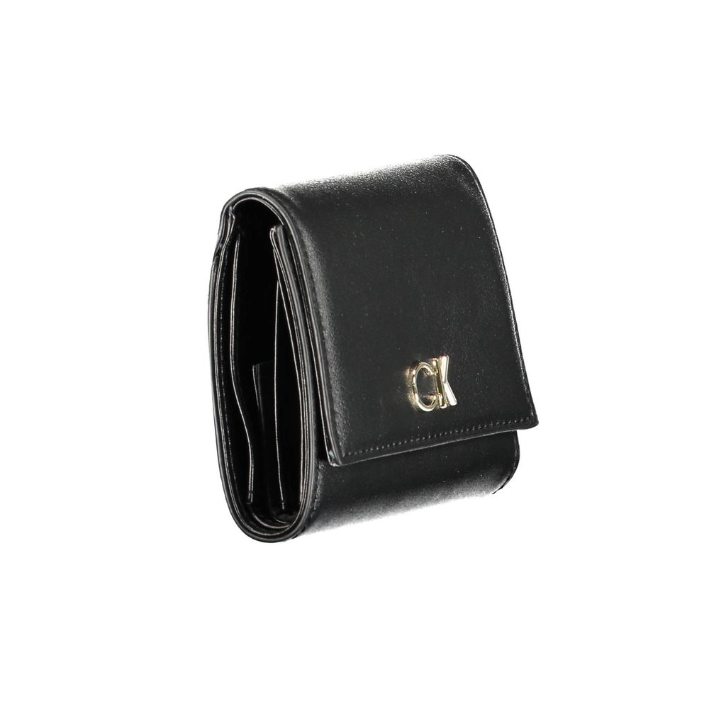 Calvin Klein Black Polyester Women Wallet with automatic closure, featuring sleek and durable design for fashion-forward style and functionality.
