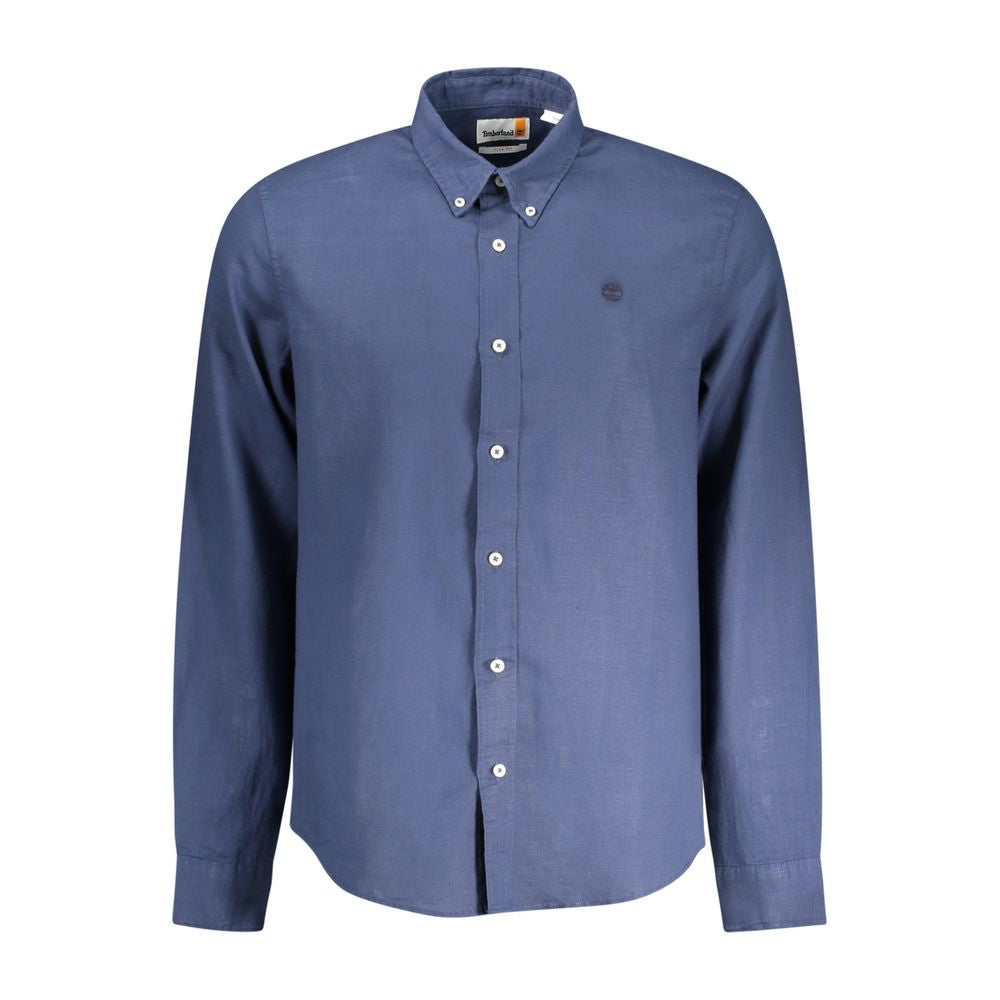 Alt Tag: Timberland Blue Cotton Shirt, long sleeved slim fit with button down collar and cuff, embroidered logo on front.