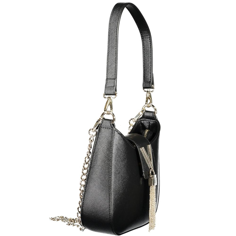 Mario Valentino Black Polyethylene Women Handbag with chain strap and detachable handle, side view showcasing sleek design and elegance.