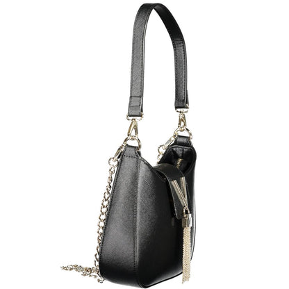 Mario Valentino Black Polyethylene Women Handbag with chain strap and detachable handle, side view showcasing sleek design and elegance.