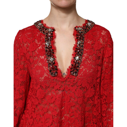 Dolce & Gabbana Red Floral Lace Rhinestone Embellished Dress
