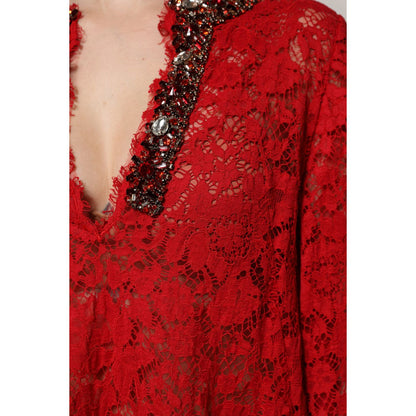 Dolce & Gabbana Red Floral Lace Rhinestone Embellished Dress