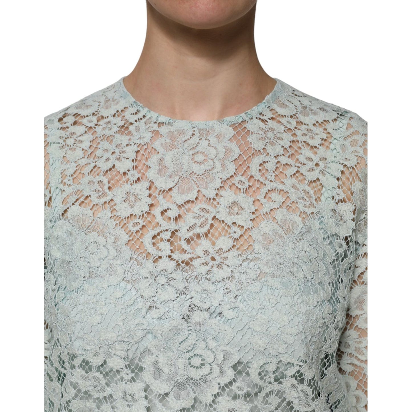 Dolce & Gabbana Mint Green Floral Lace Cotton Blouse Top