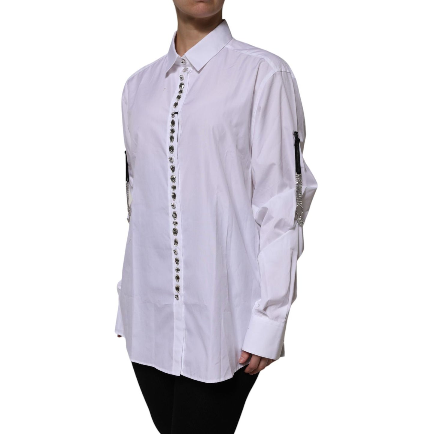 Dolce & Gabbana White Rhinestone Embellish Long Sleeves Top