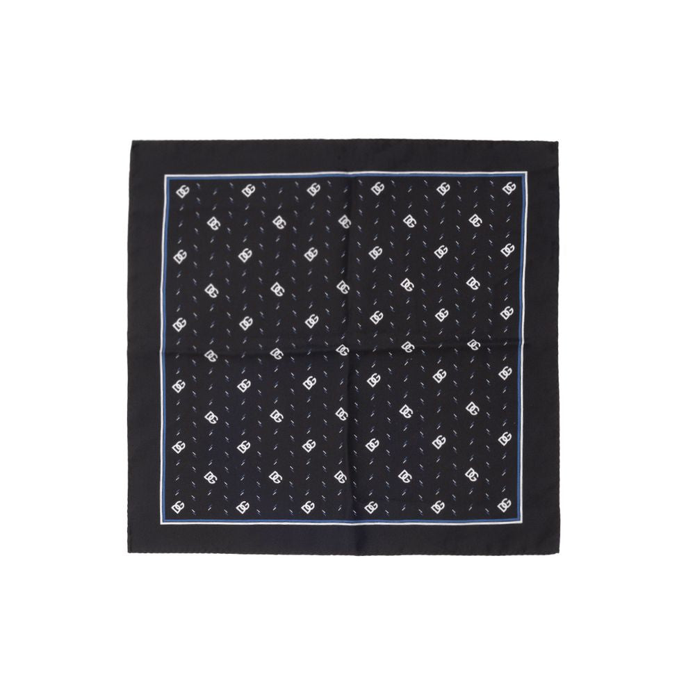 Dolce & Gabbana Black Silk Pocket Square with DG logo print, handmade silk twill, 32x32 cm, made in Italy.
