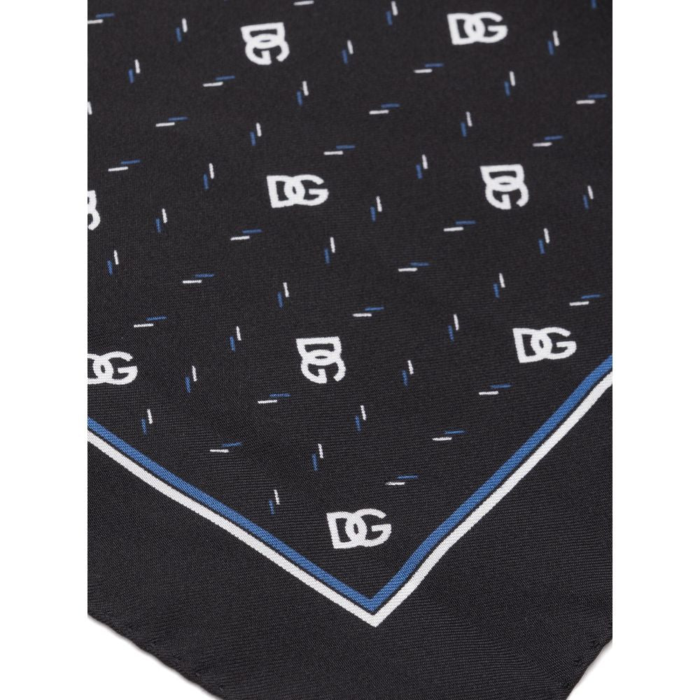 Elegant Dolce & Gabbana Black Silk Pocket Square with DG micro-design and logo print, handmade uniqueness, luxury fashion accessory.