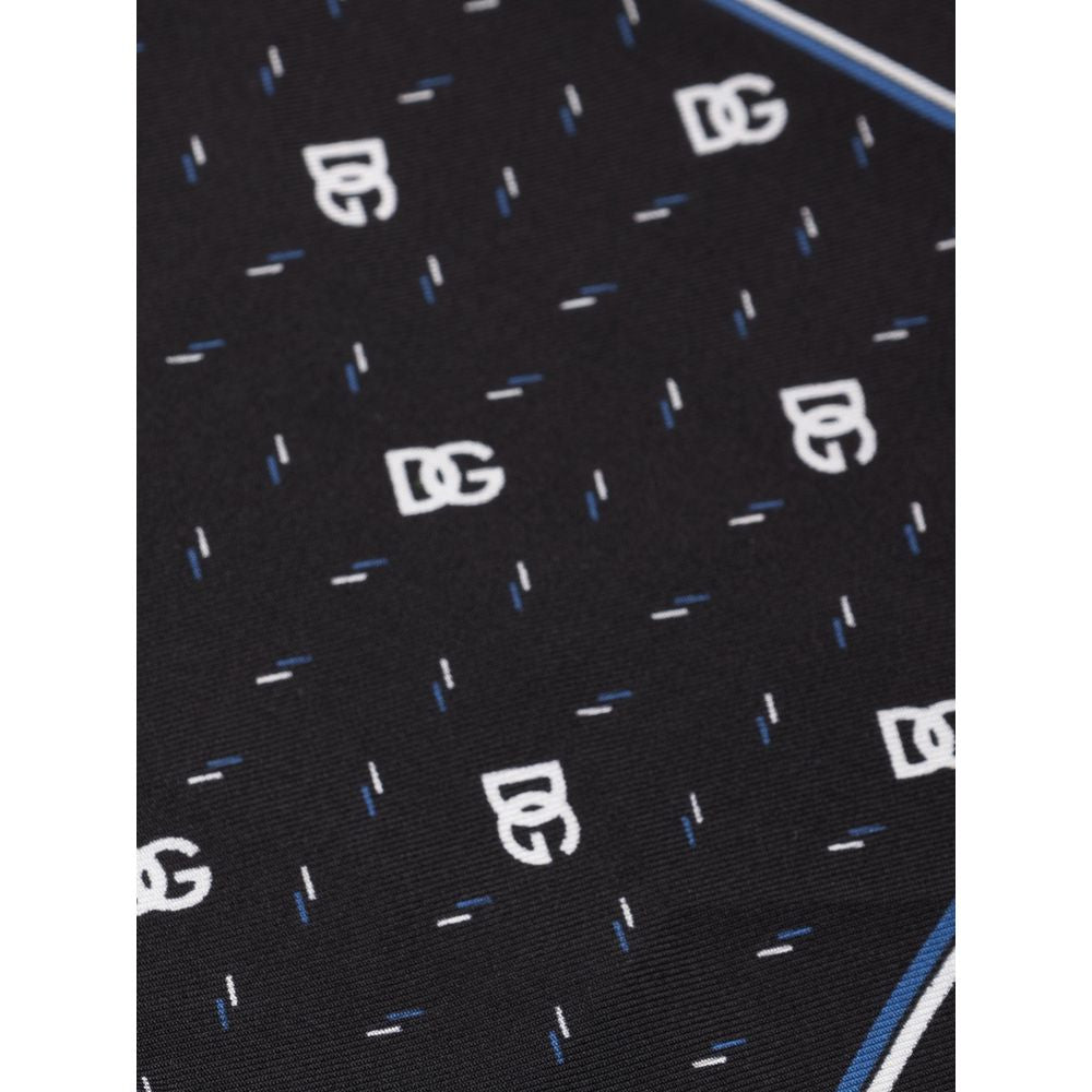 Dolce & Gabbana Black Silk Pocket Square with DG logo print, luxury Italian accessory, handmade unique design.
