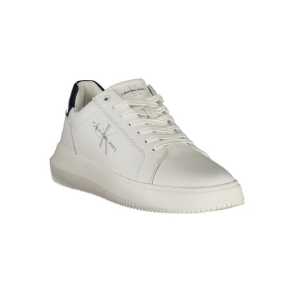 Calvin Klein White Leather Men Sneaker with contrasting black details and removable insole for urban chic style and comfort.