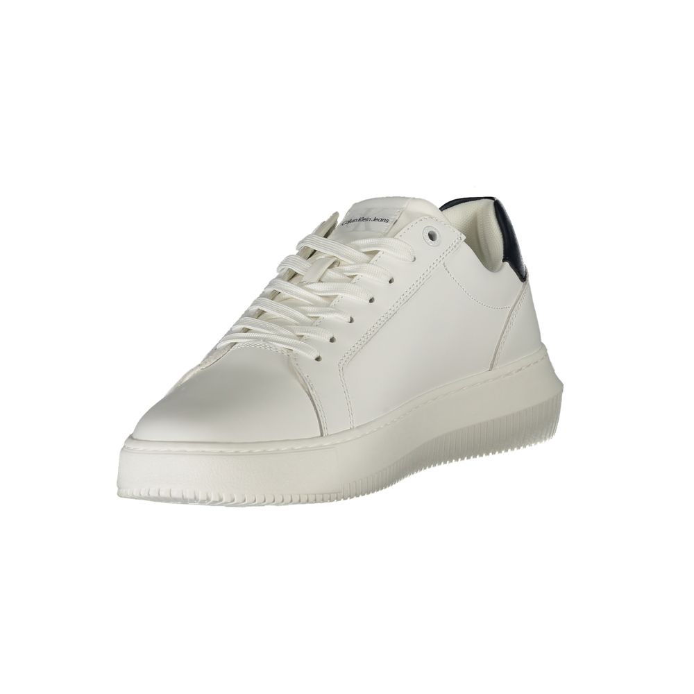 Calvin Klein White Leather Men Sneaker with black details, urban chic design, removable insole for comfort, iconic logo, sustainable materials.