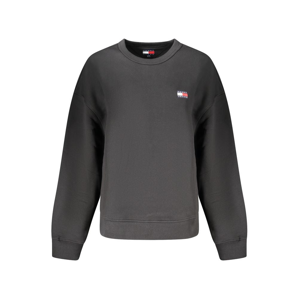 Tommy Hilfiger Black Cotton Women Sweater with iconic logo embroidery, eco-conscious 95% regenerative cotton, brushed texture for comfort.
