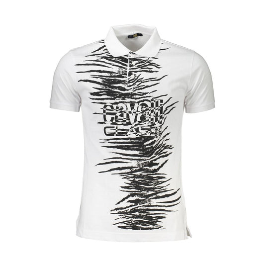 Cavalli Class White Cotton Men Polo Shirt with striking black print and logo, regular-fit short sleeve