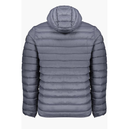Rear view of Armata Di Mare Gray Polyamide Men Jacket with hood, showcasing quilted design and sleek appearance.