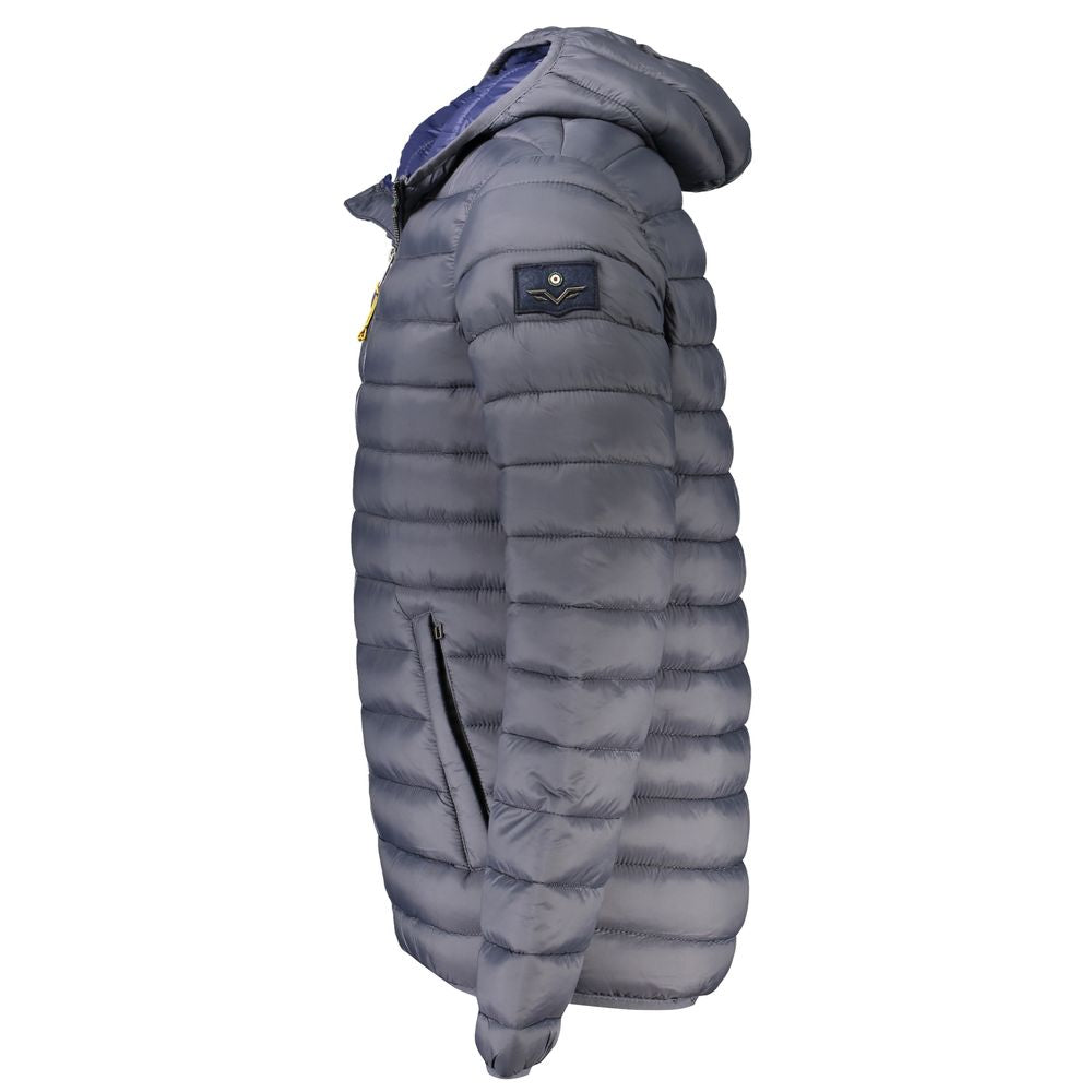 Armata Di Mare Gray Polyamide Men Jacket with hood, side view showcasing sleek design and pockets.