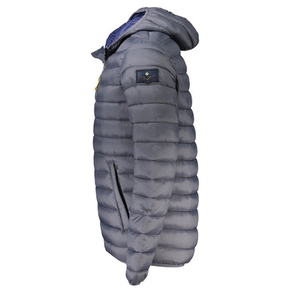 Armata Di Mare Gray Polyamide Men Jacket with hood, side view showcasing sleek design and pockets.