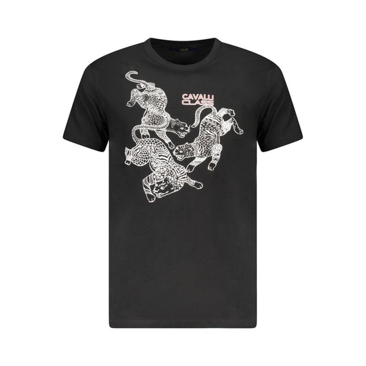 Cavalli Class Black Cotton Men T-Shirt with striking print and logo, designed for bold fashion lovers seeking luxury with an edge.