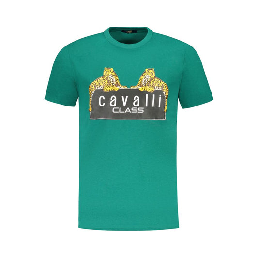 Cavalli Class Green Cotton Men T-Shirt with bold print and logo, short sleeve, crew neck for stylish comfort