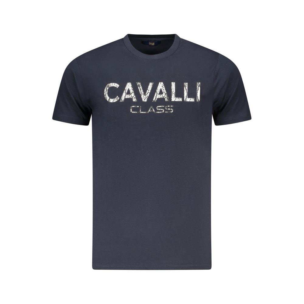 Cavalli Class Blue Cotton Men T-Shirt with bold logo and crew neck design for modern luxury fashion.