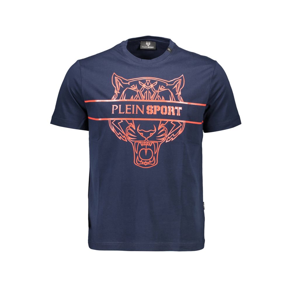 Plein Sport Blue Cotton Men T-Shirt with bold design and logo, perfect blend of high-fashion and sportswear, premium cotton comfort.