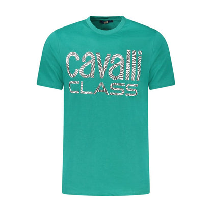 Cavalli Class Green Cotton T-Shirt with crew neck and logo print, short sleeve style, menswear fashion.